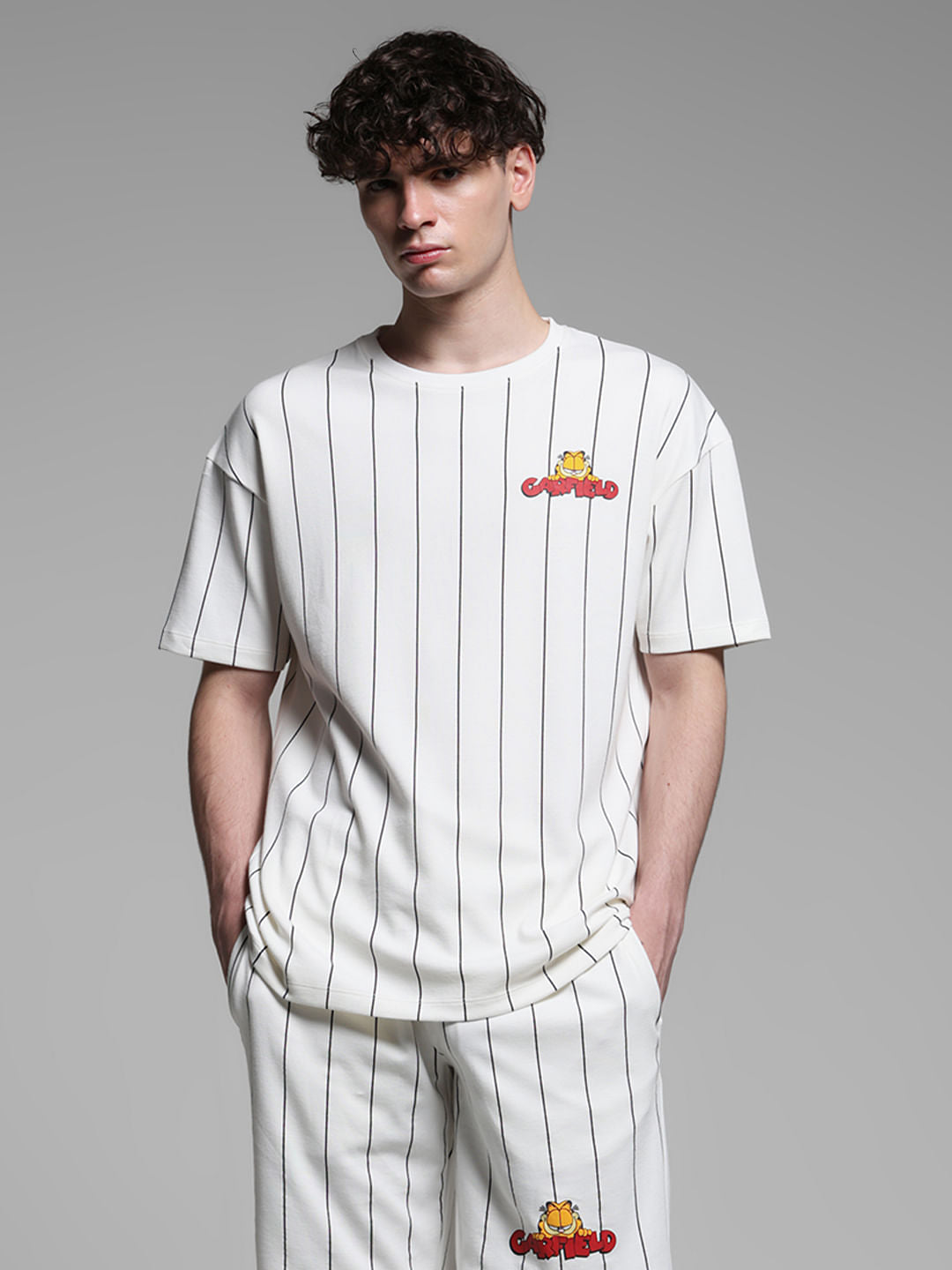 JACK&JONES X GARFIELD White Striped Co-ord Set T-Shirt