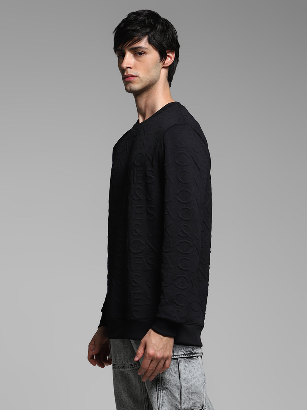 Men's Jet Black Jacquard Embossed Crew Neck Sweatshirt