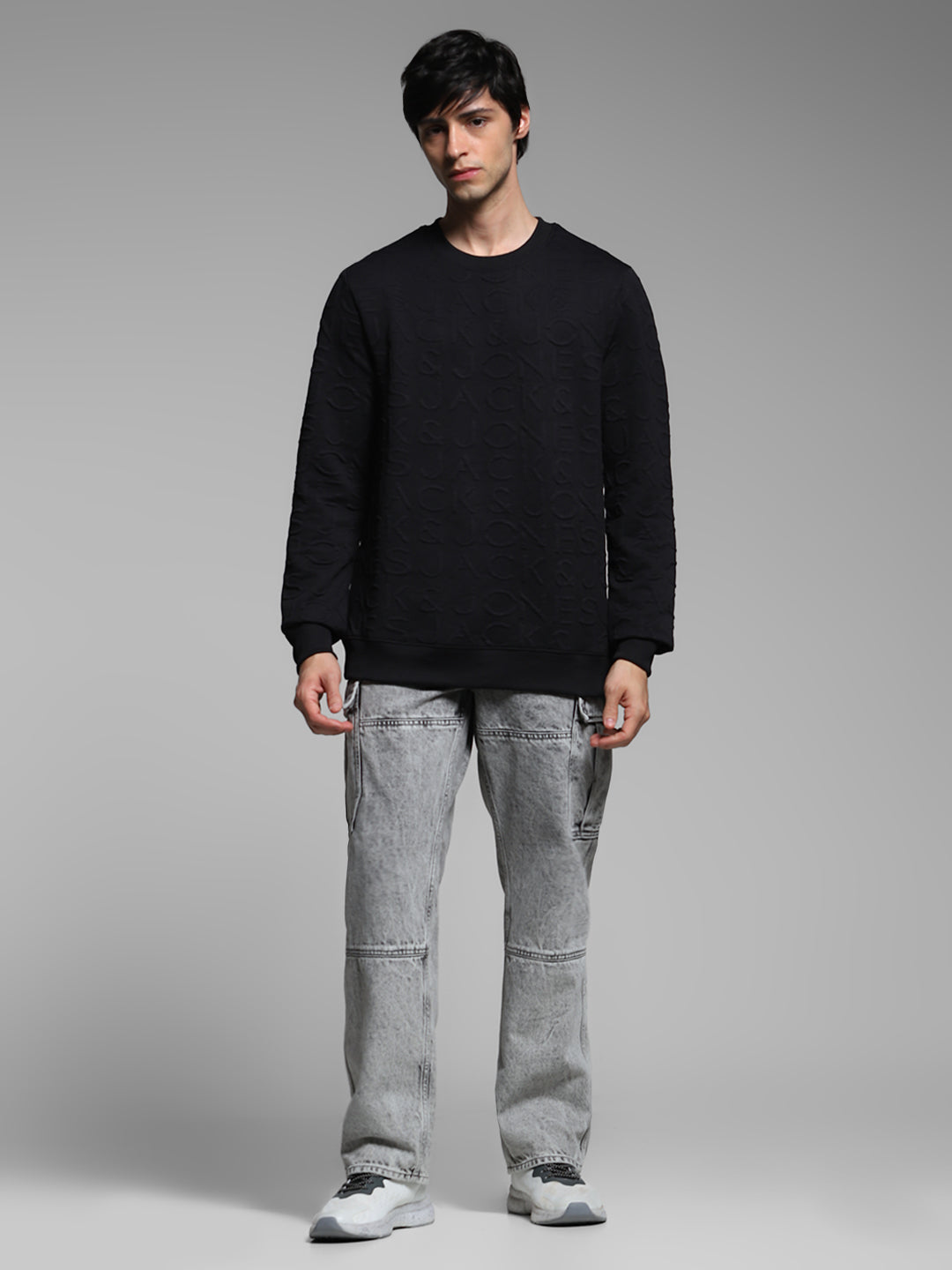 Men's Jet Black Jacquard Embossed Crew Neck Sweatshirt