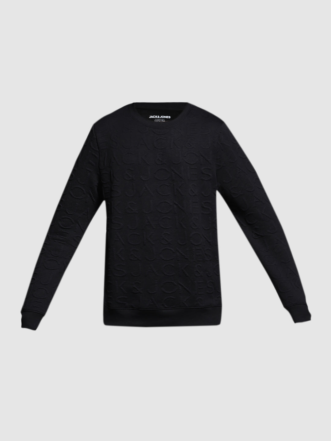 Men's Jet Black Jacquard Embossed Crew Neck Sweatshirt
