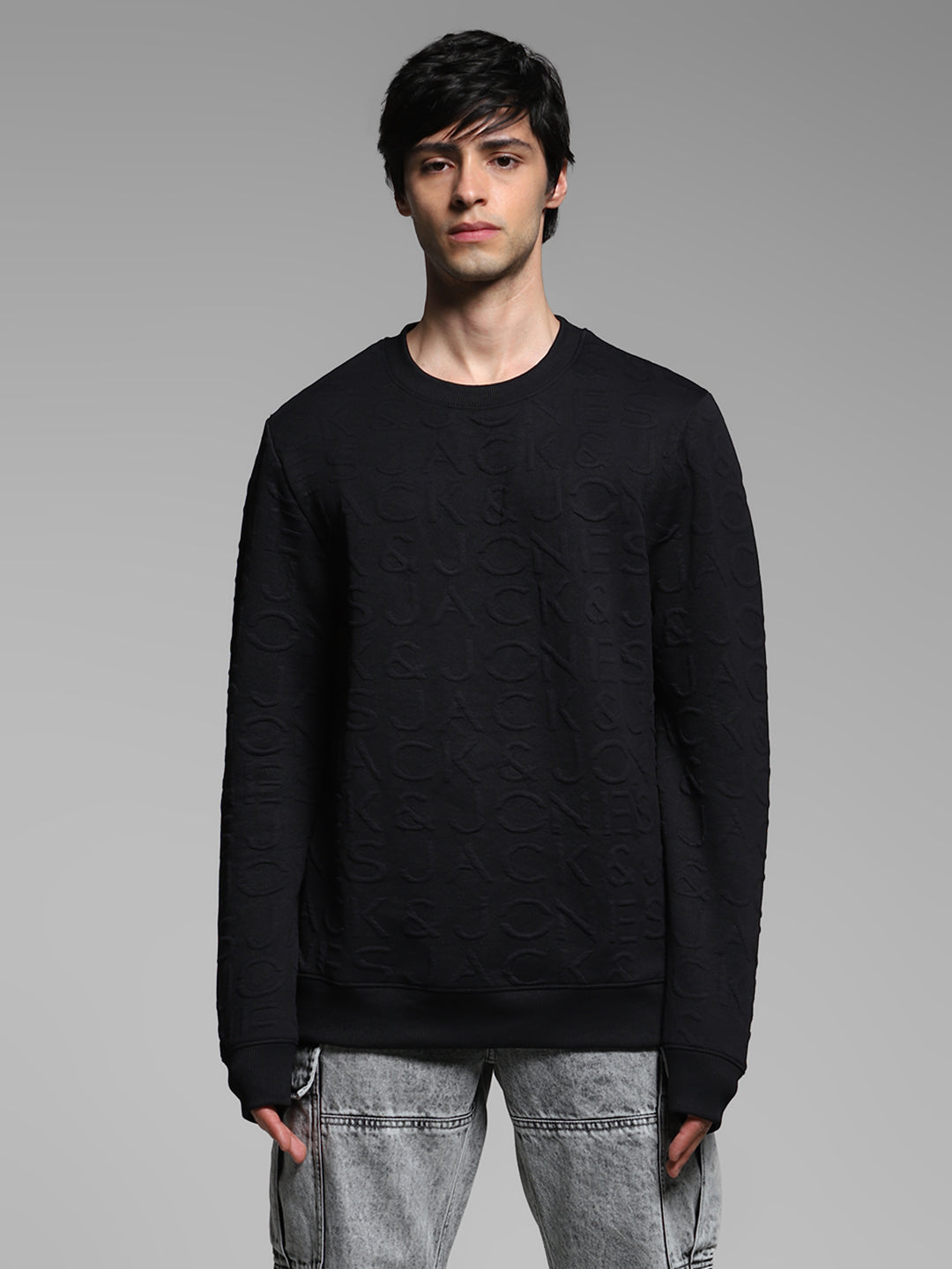 Men's Jet Black Jacquard Embossed Crew Neck Sweatshirt