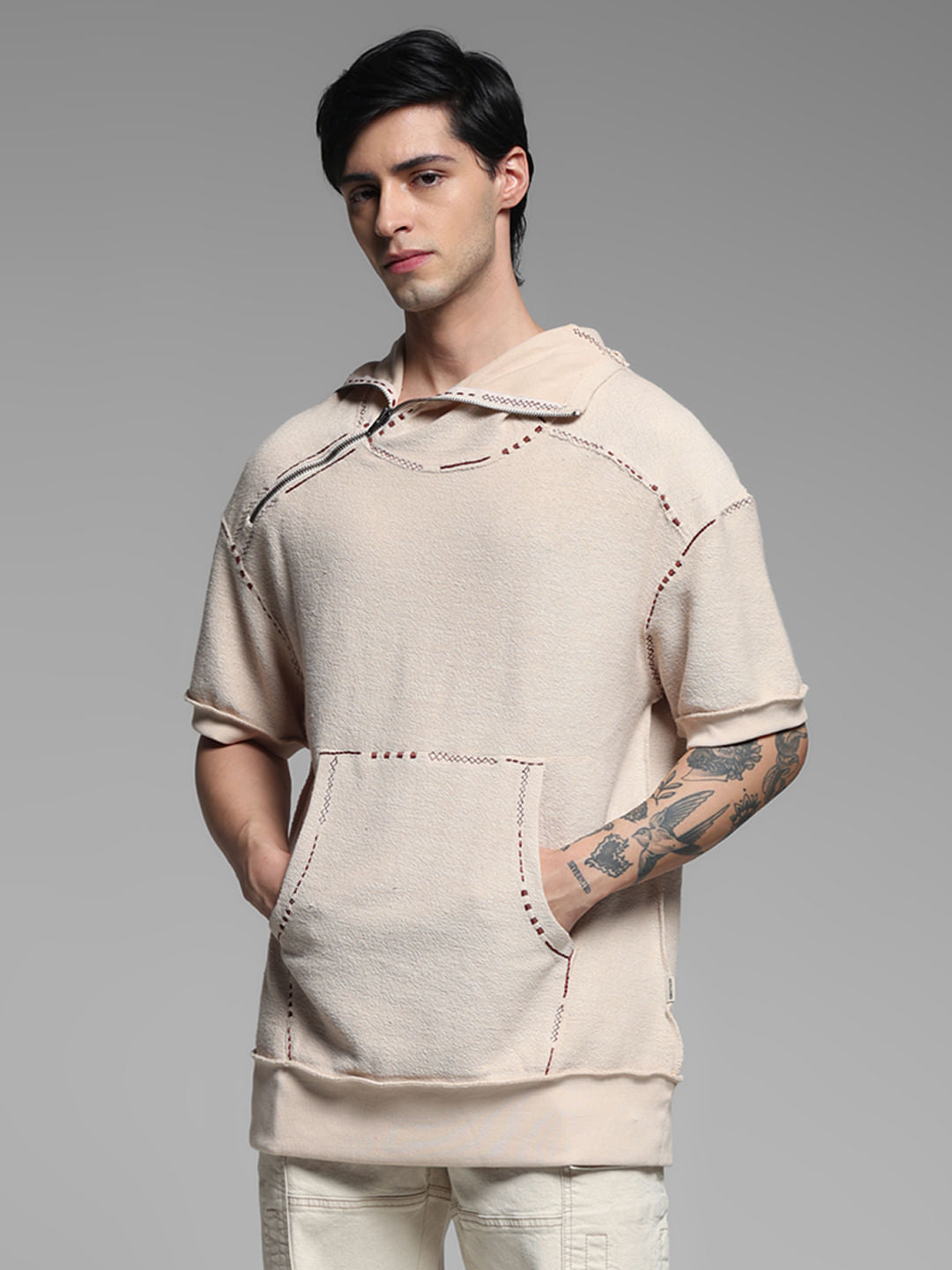Beige Embroidered Hooded Sweatshirt