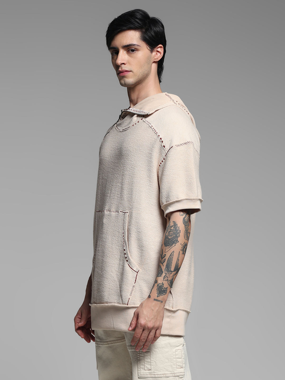 Beige Embroidered Hooded Sweatshirt