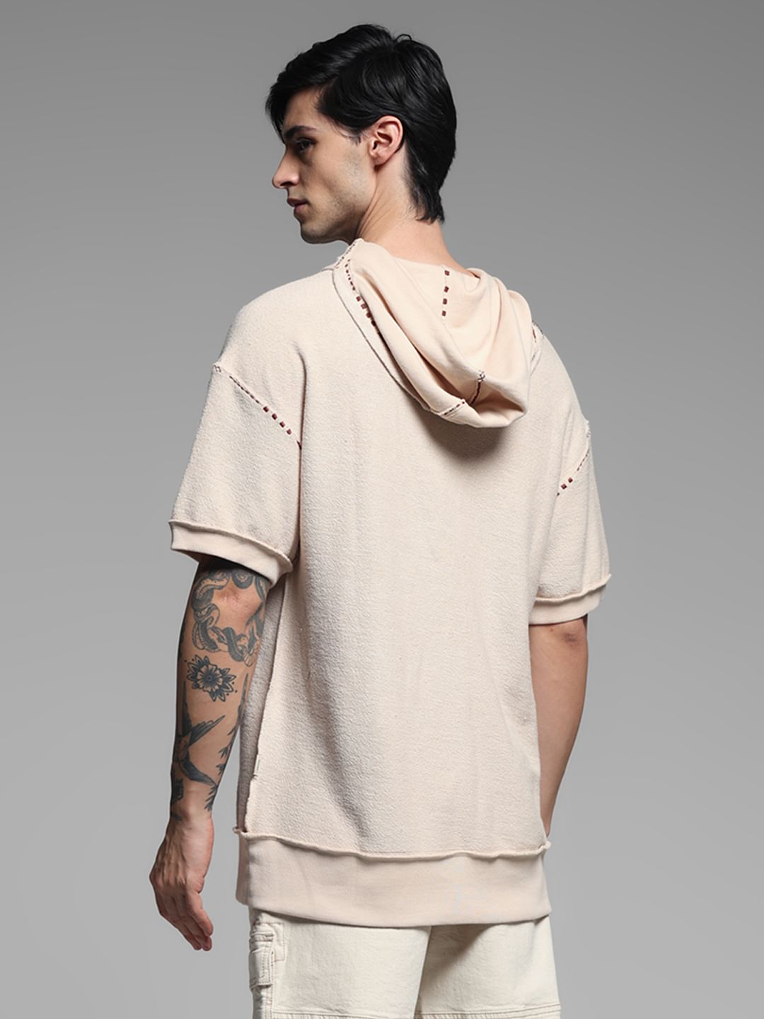 Beige Embroidered Hooded Sweatshirt