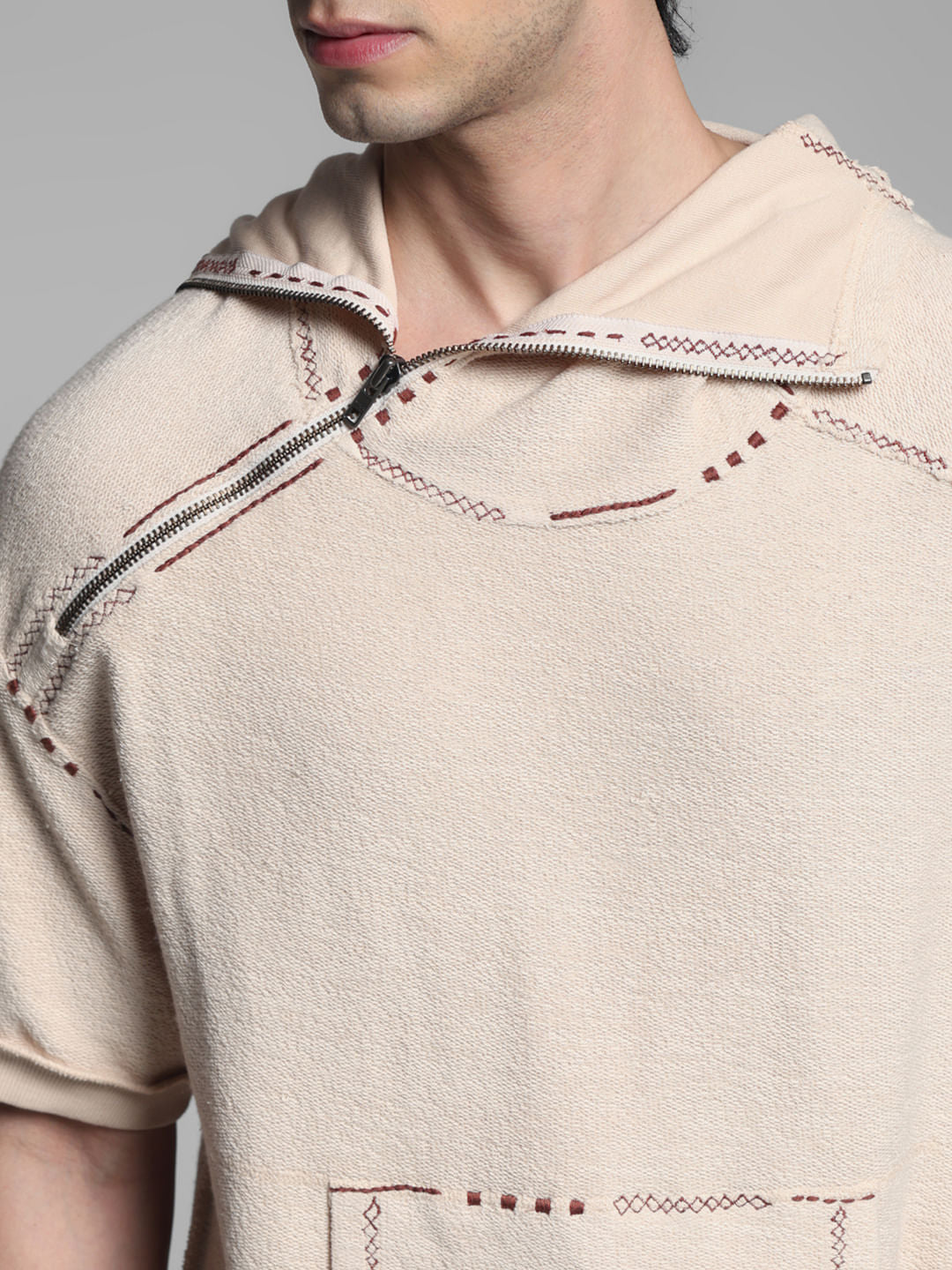 Beige Embroidered Hooded Sweatshirt