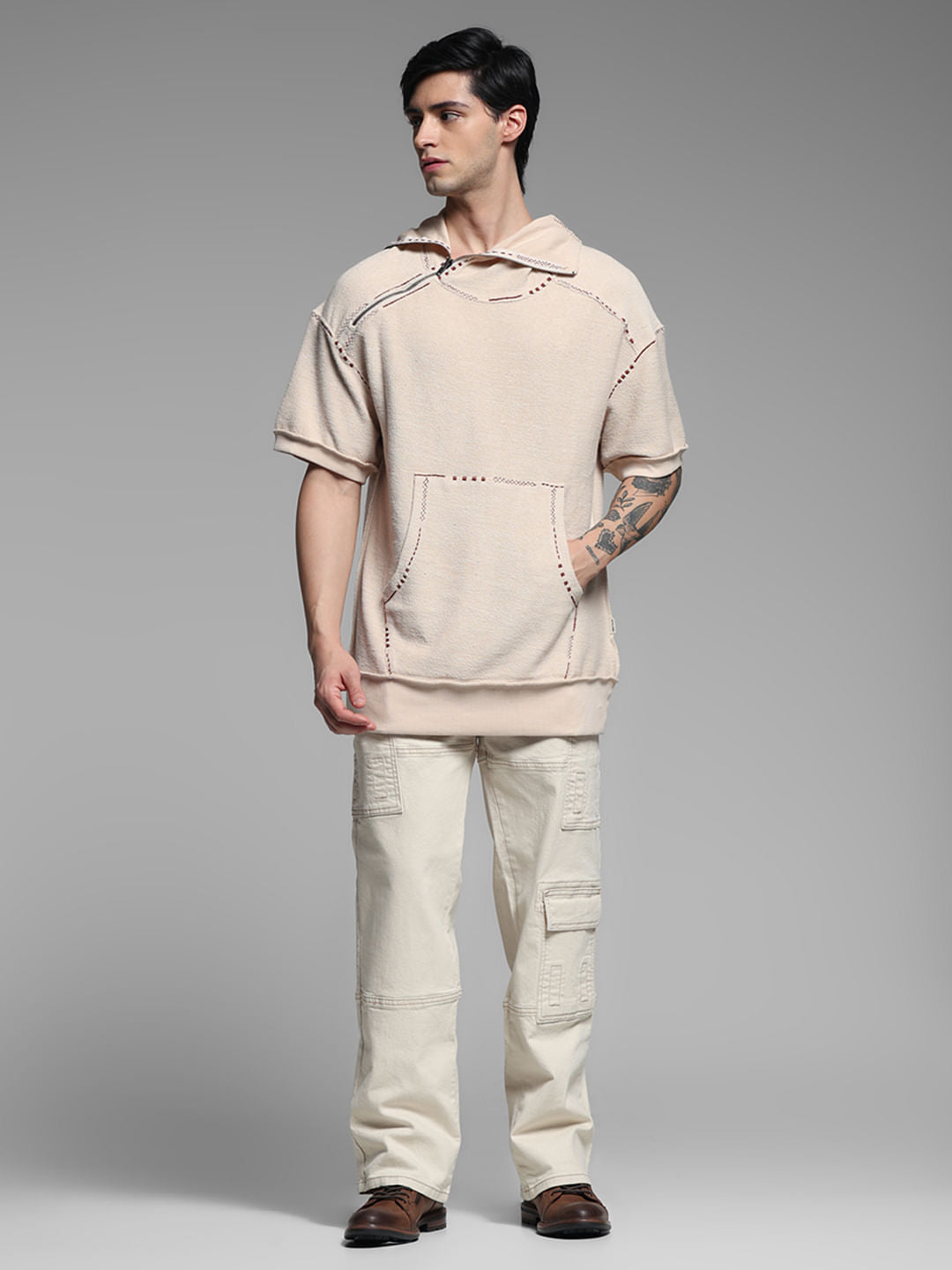 Beige Embroidered Hooded Sweatshirt