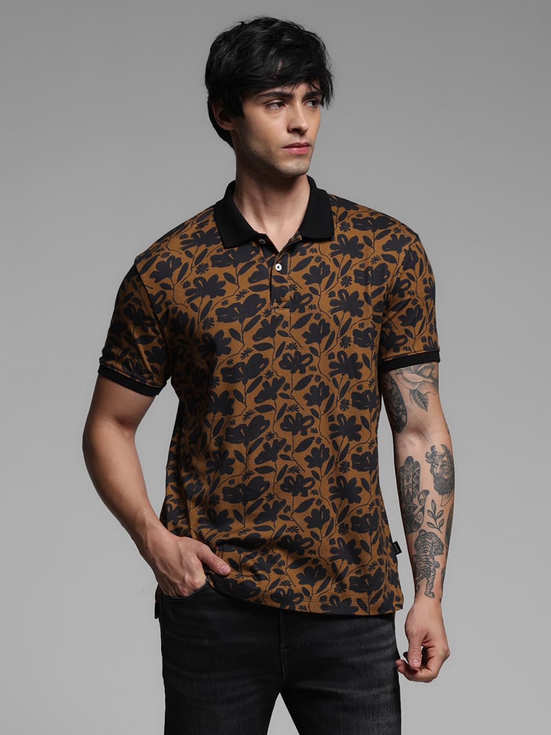 Brown Floral Cotton Polo T-shirt