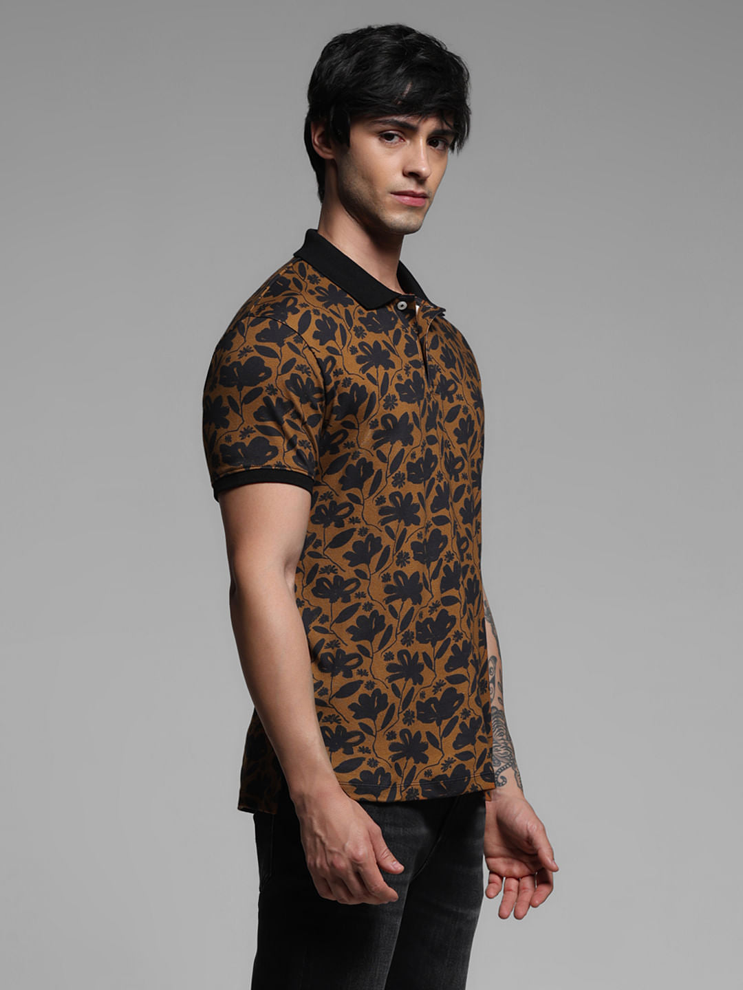 Brown Floral Cotton Polo T-shirt