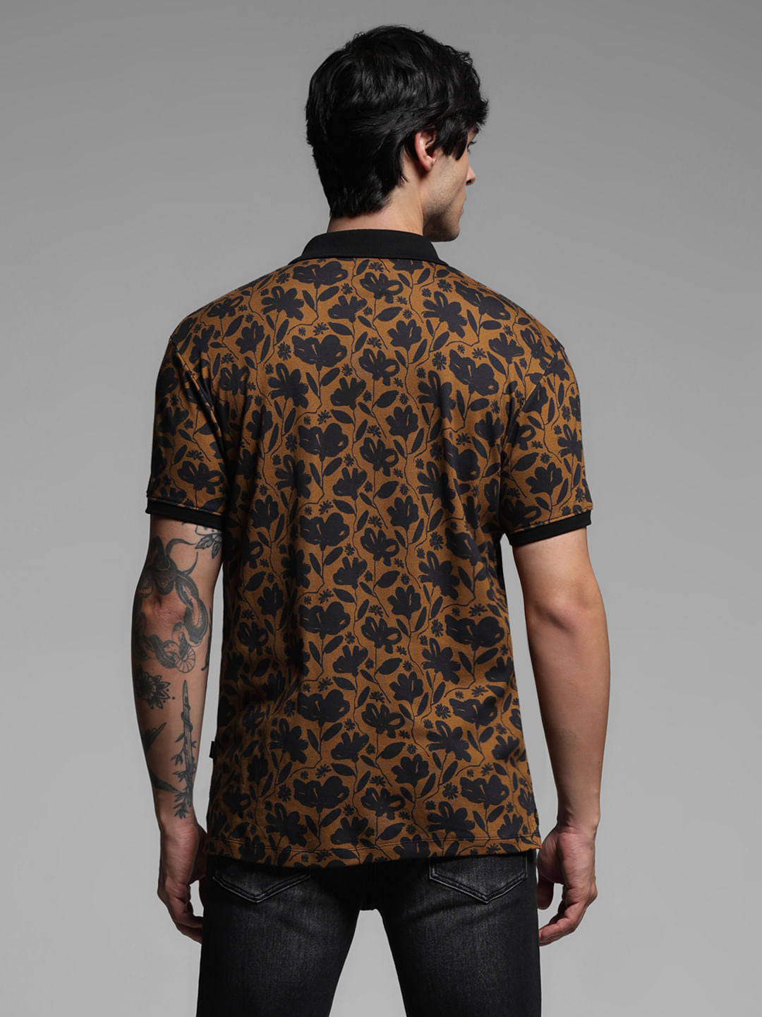 Brown Floral Cotton Polo T-shirt