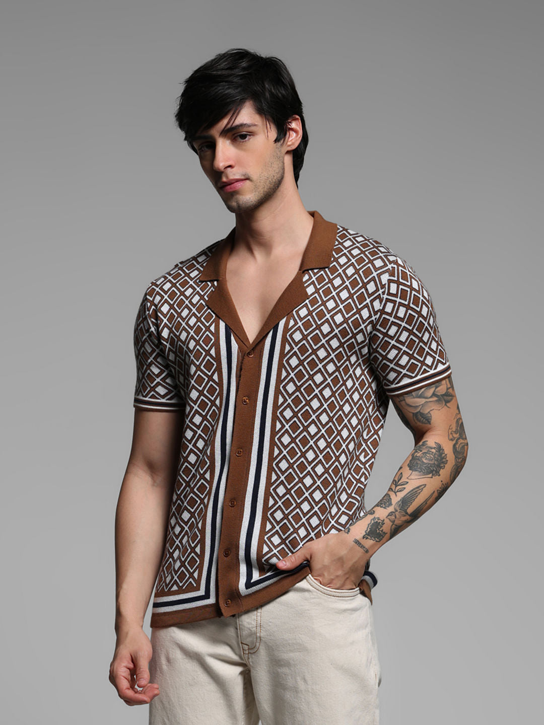 Brown Geometric Print Knitted Polo