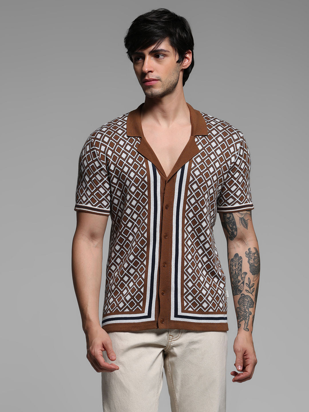 Brown Geometric Print Knitted Polo