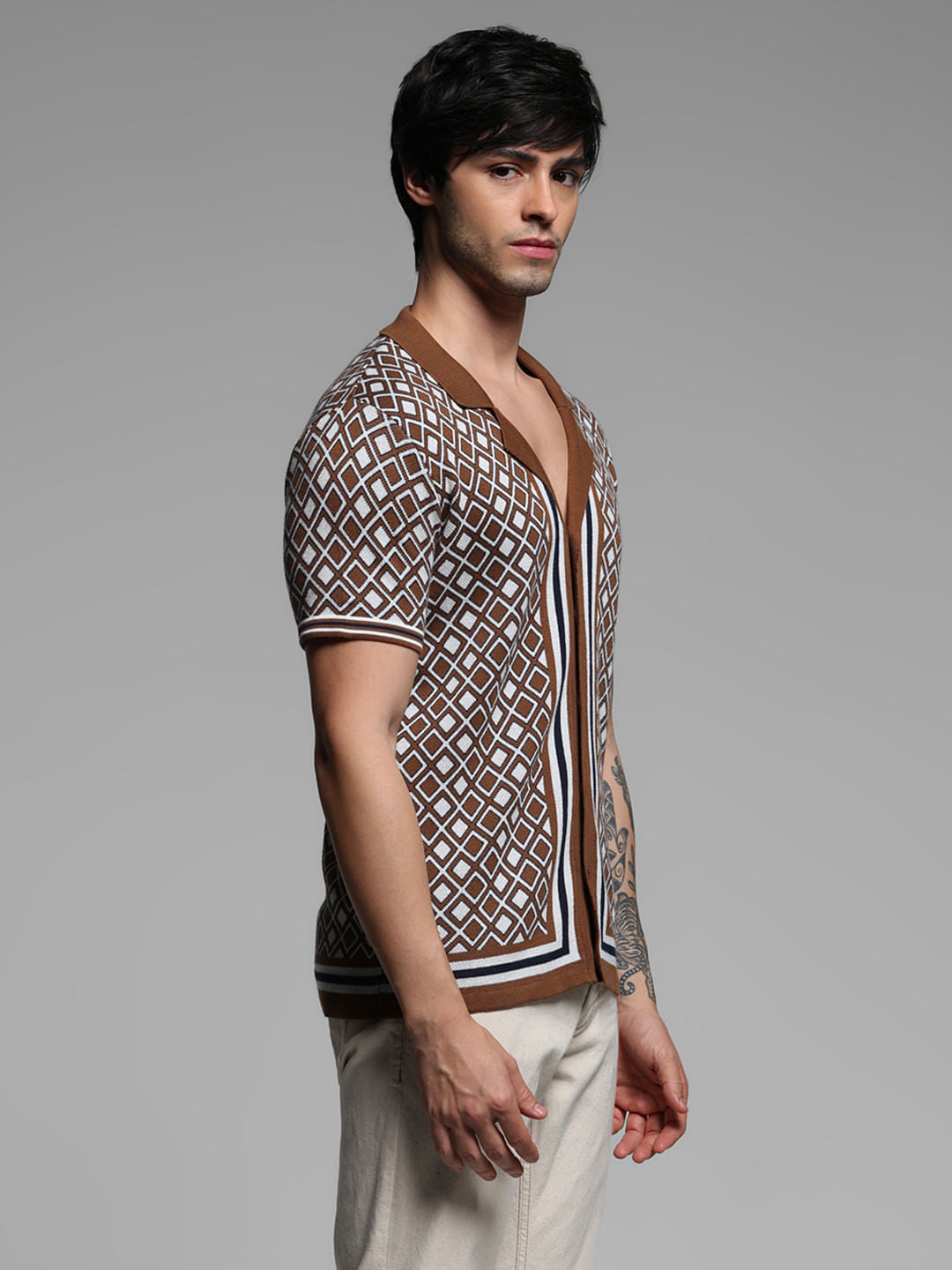 Brown Geometric Print Knitted Polo