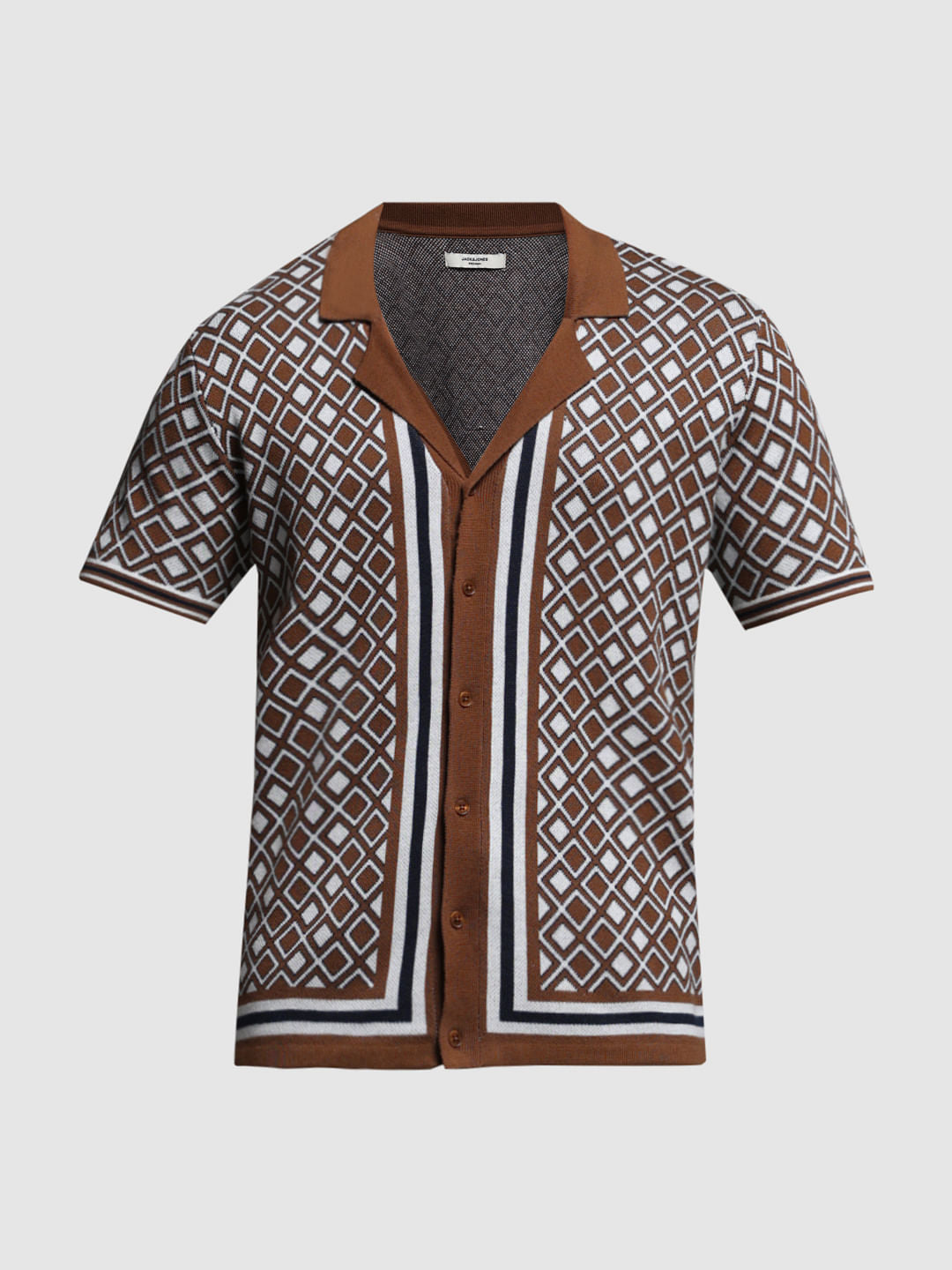 Brown Geometric Print Knitted Polo