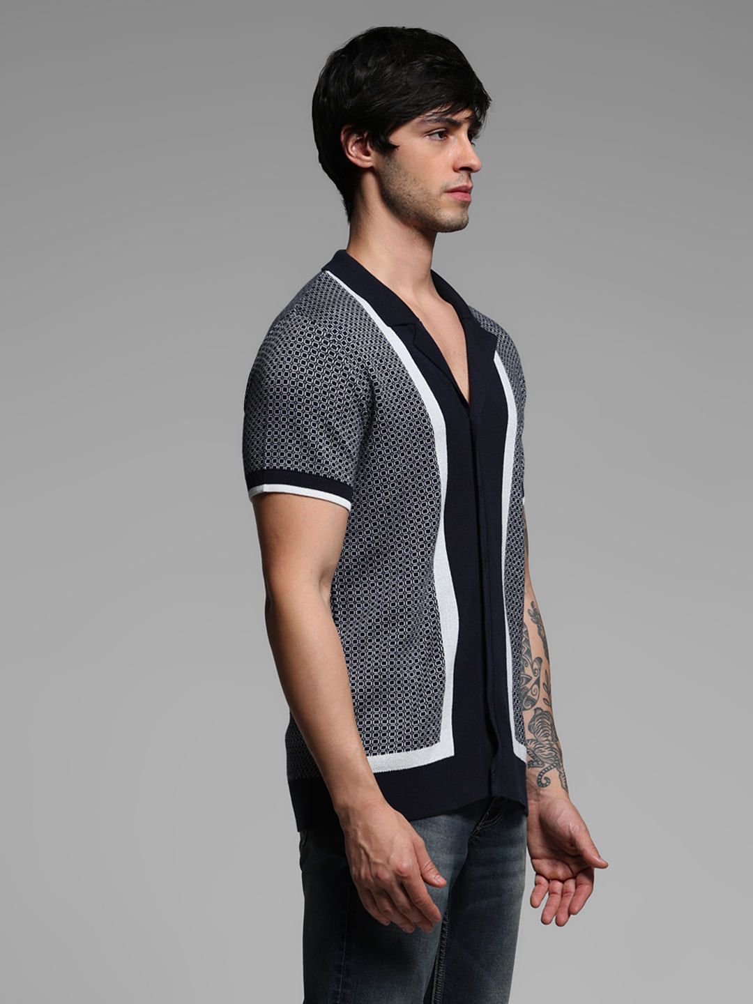 Blue Geometric Print Knitted Polo