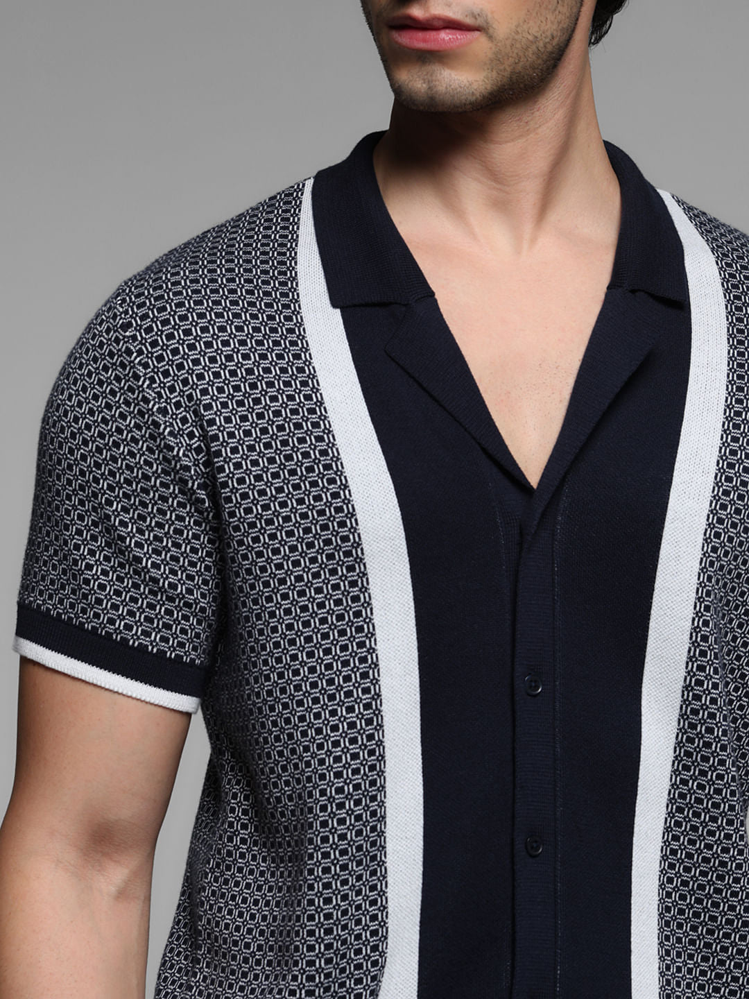 Blue Geometric Print Knitted Polo