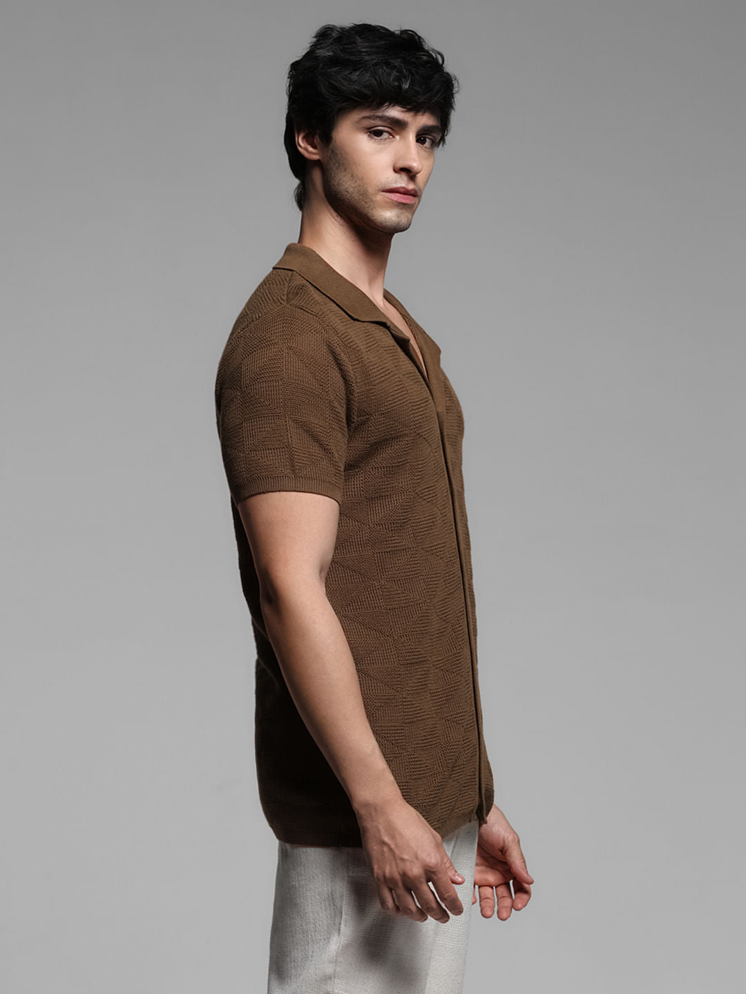Brown Textured Knitted Polo