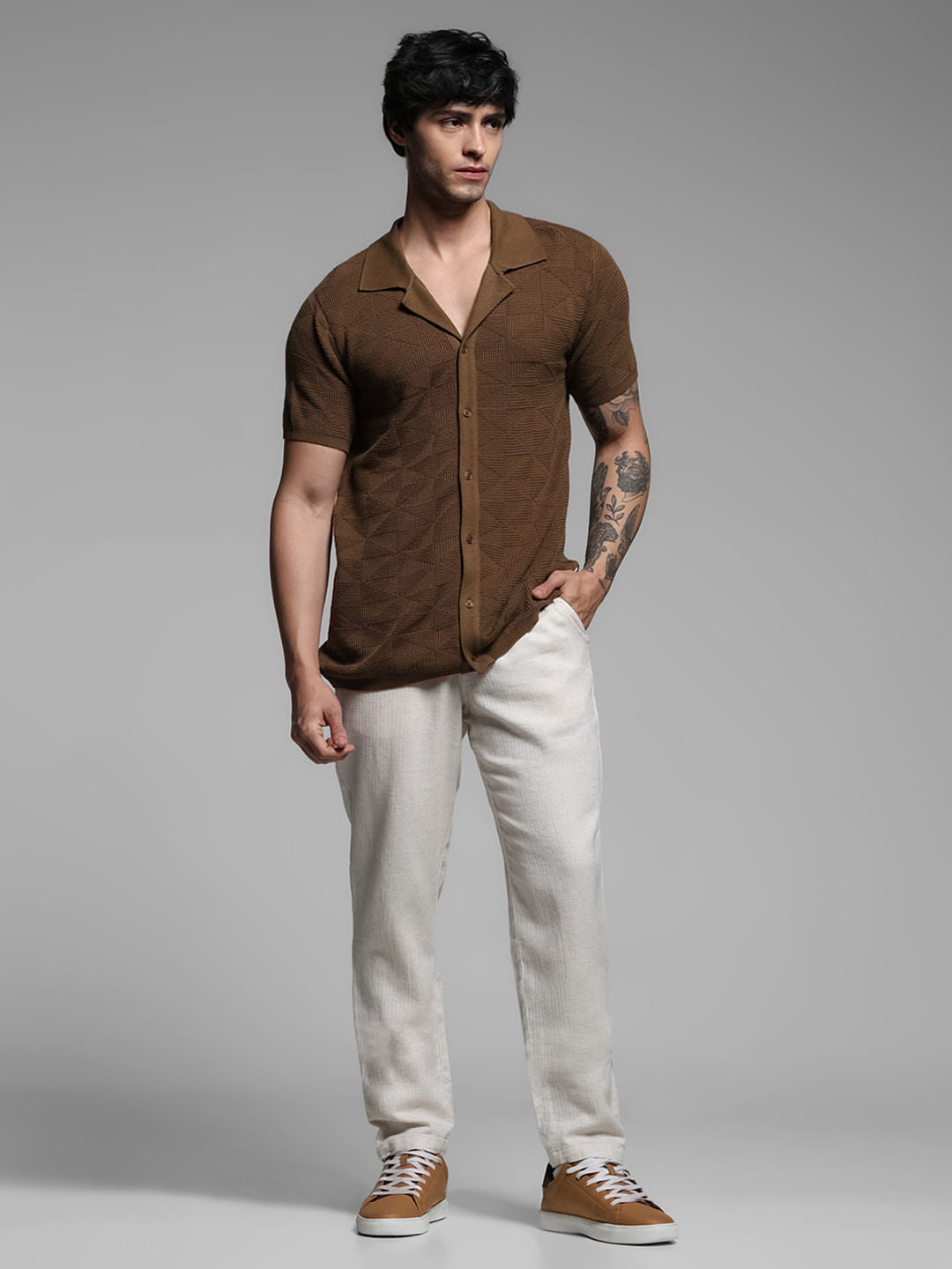 Brown Textured Knitted Polo