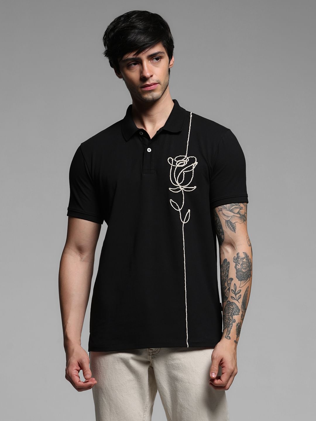Black Rose Print Polo T-shirt
