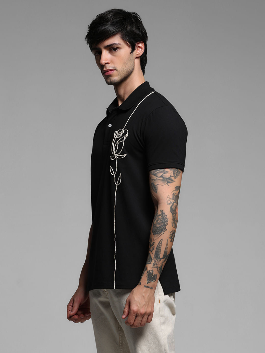 Black Rose Print Polo T-shirt