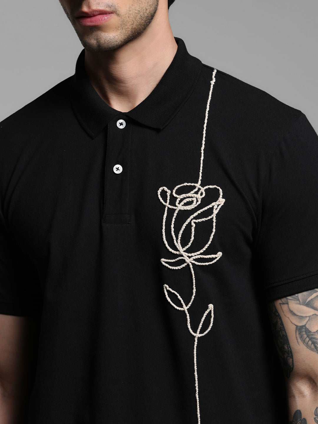 Black Rose Print Polo T-shirt