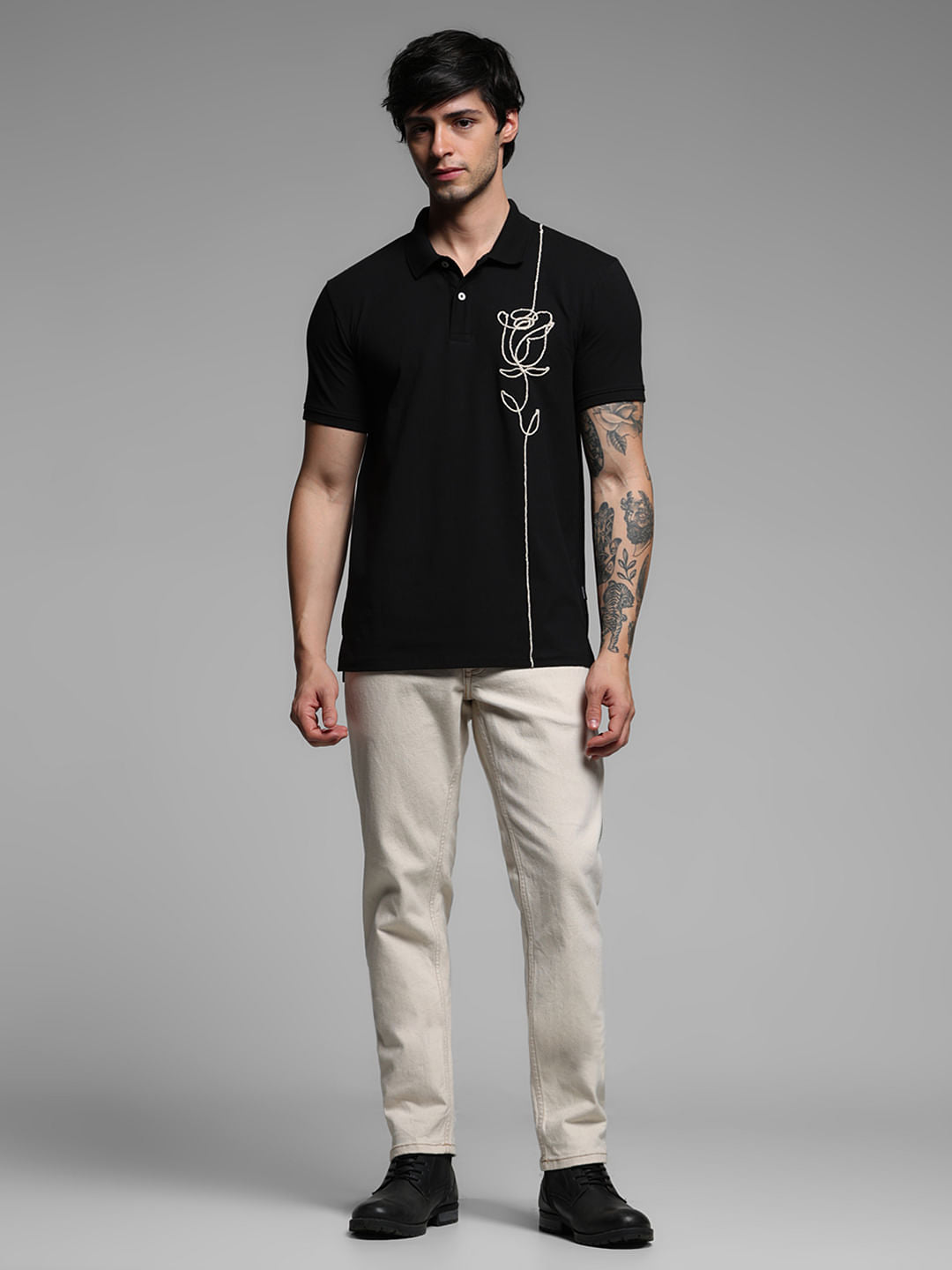 Black Rose Print Polo T-shirt