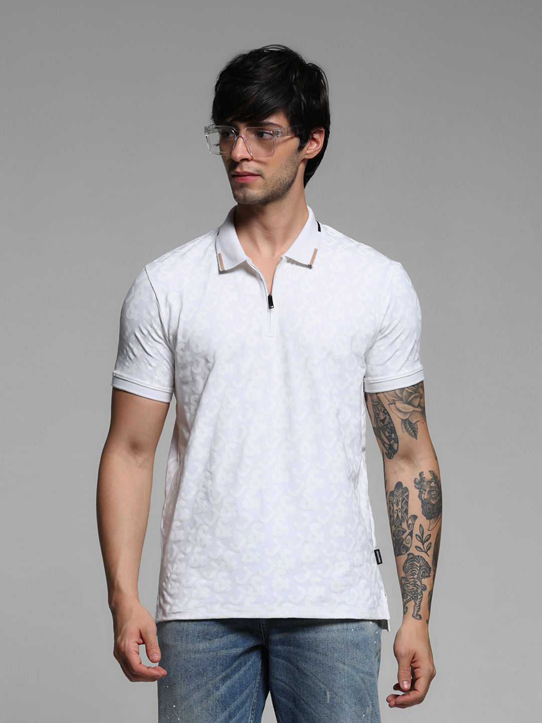 White Logo Print Polo T-shirt