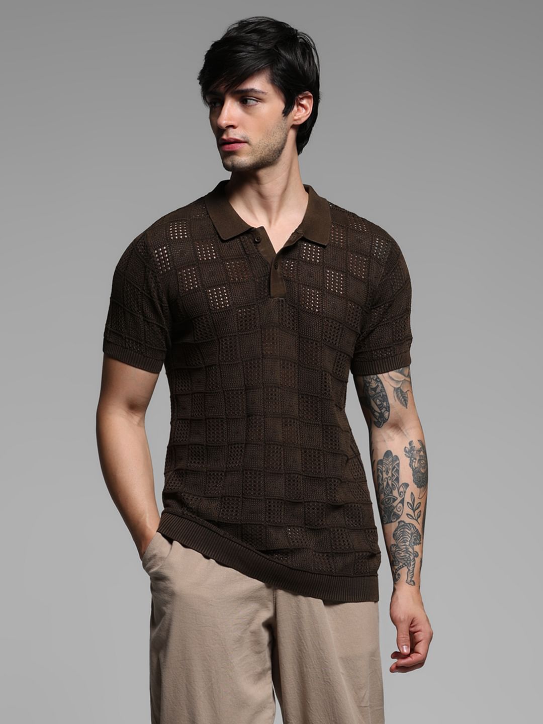 Dark Brown Textured Knitted Polo