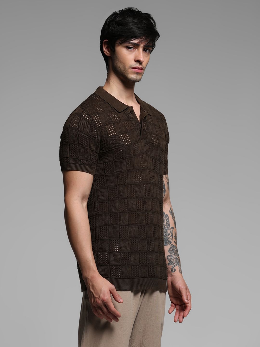 Dark Brown Textured Knitted Polo