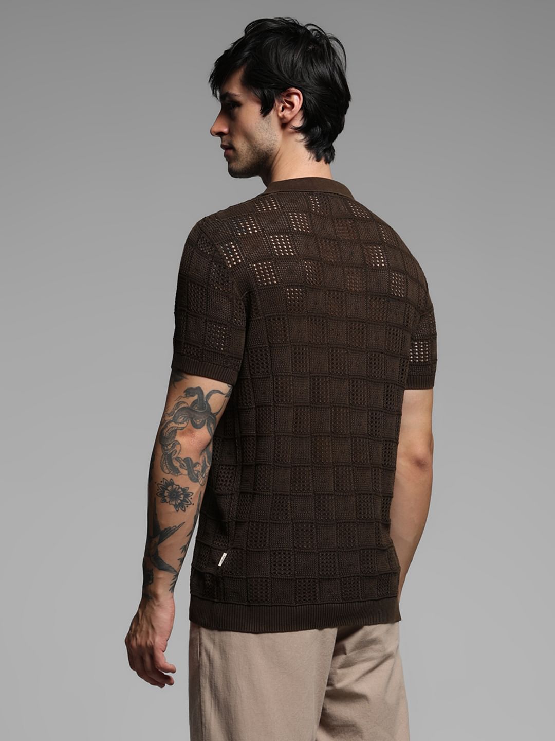 Dark Brown Textured Knitted Polo