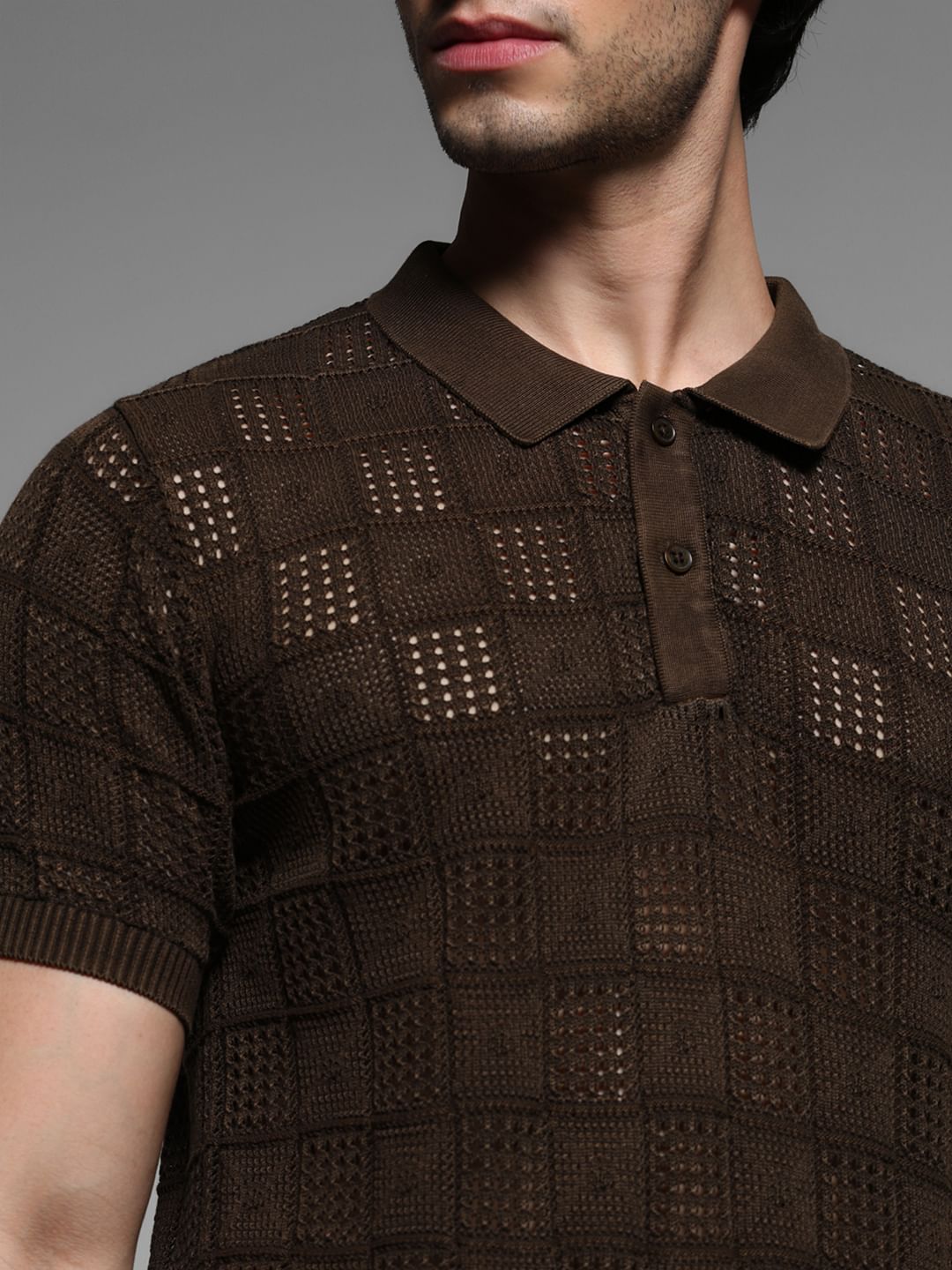 Dark Brown Textured Knitted Polo