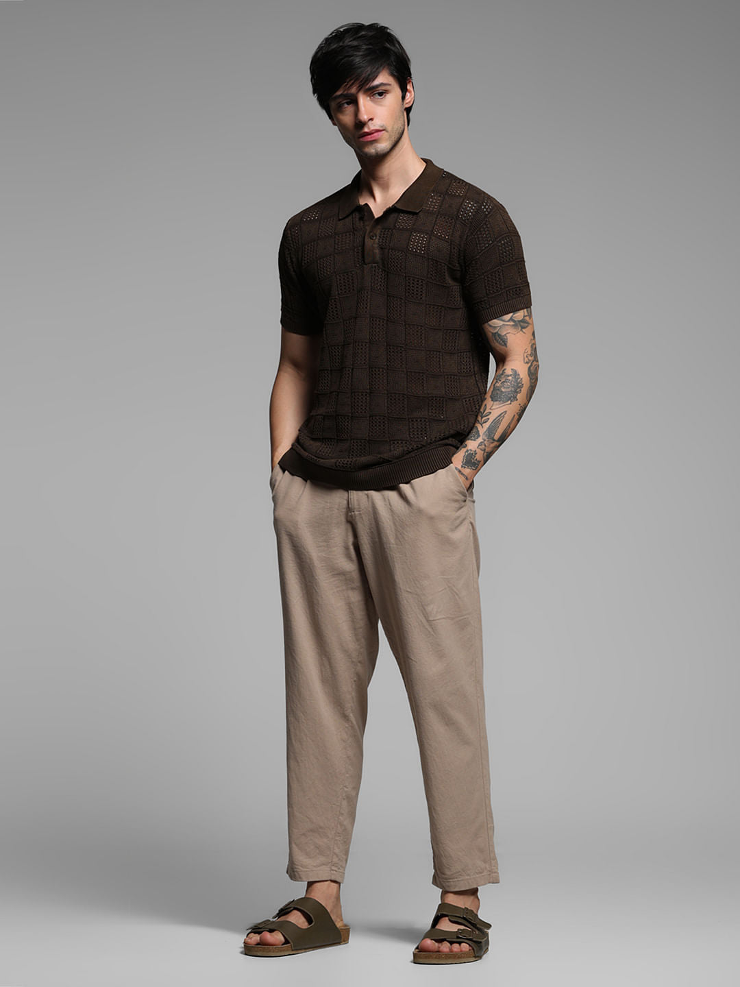 Dark Brown Textured Knitted Polo