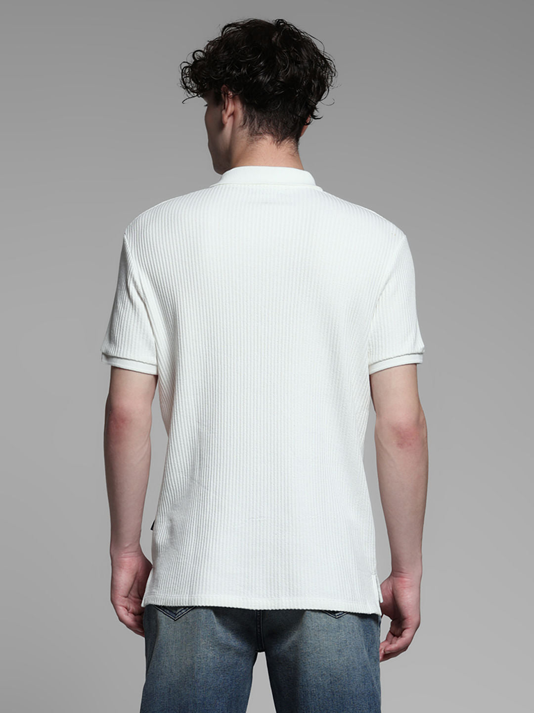 White Ribbed Zip-Up Polo
