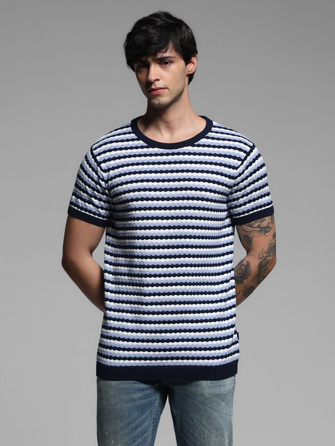 Blue Printed Knitted Pullover