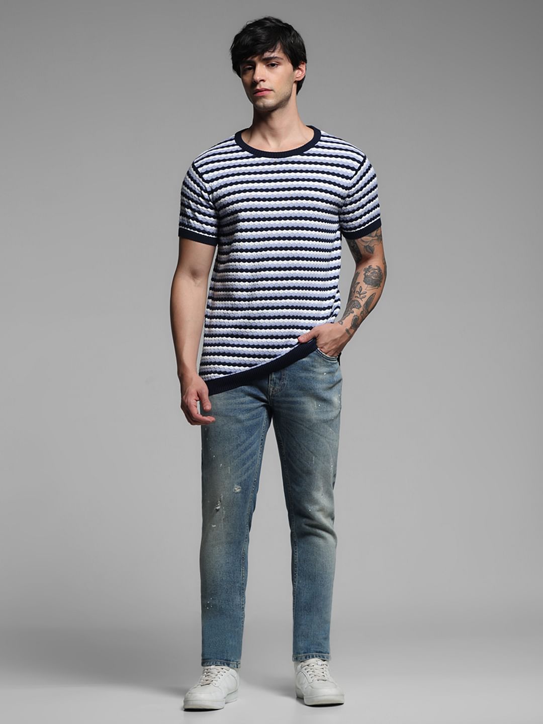 Blue Printed Knitted Pullover