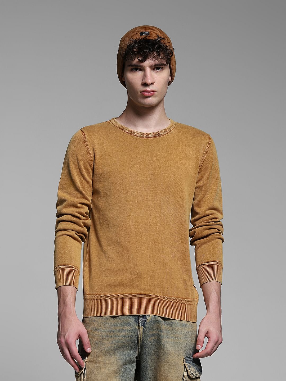 Brown Crew Neck Knitted Pullover