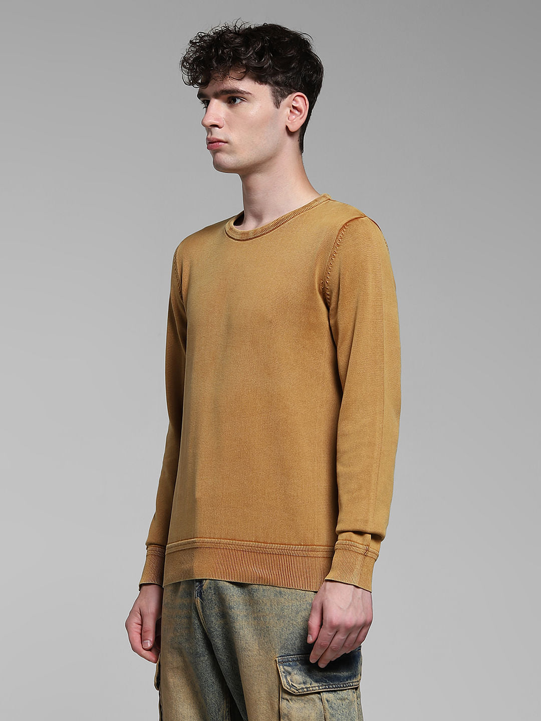 Brown Crew Neck Knitted Pullover