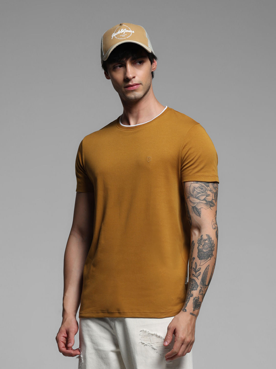 Brown Cotton Crew Neck T-shirt