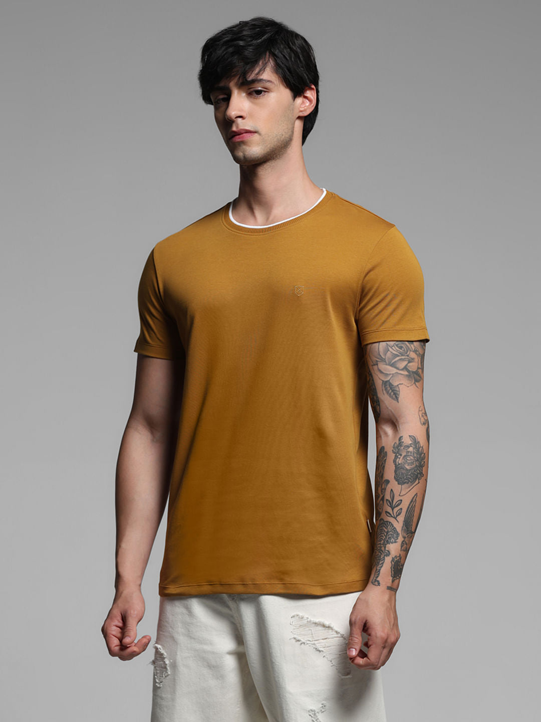 Brown Cotton Crew Neck T-shirt