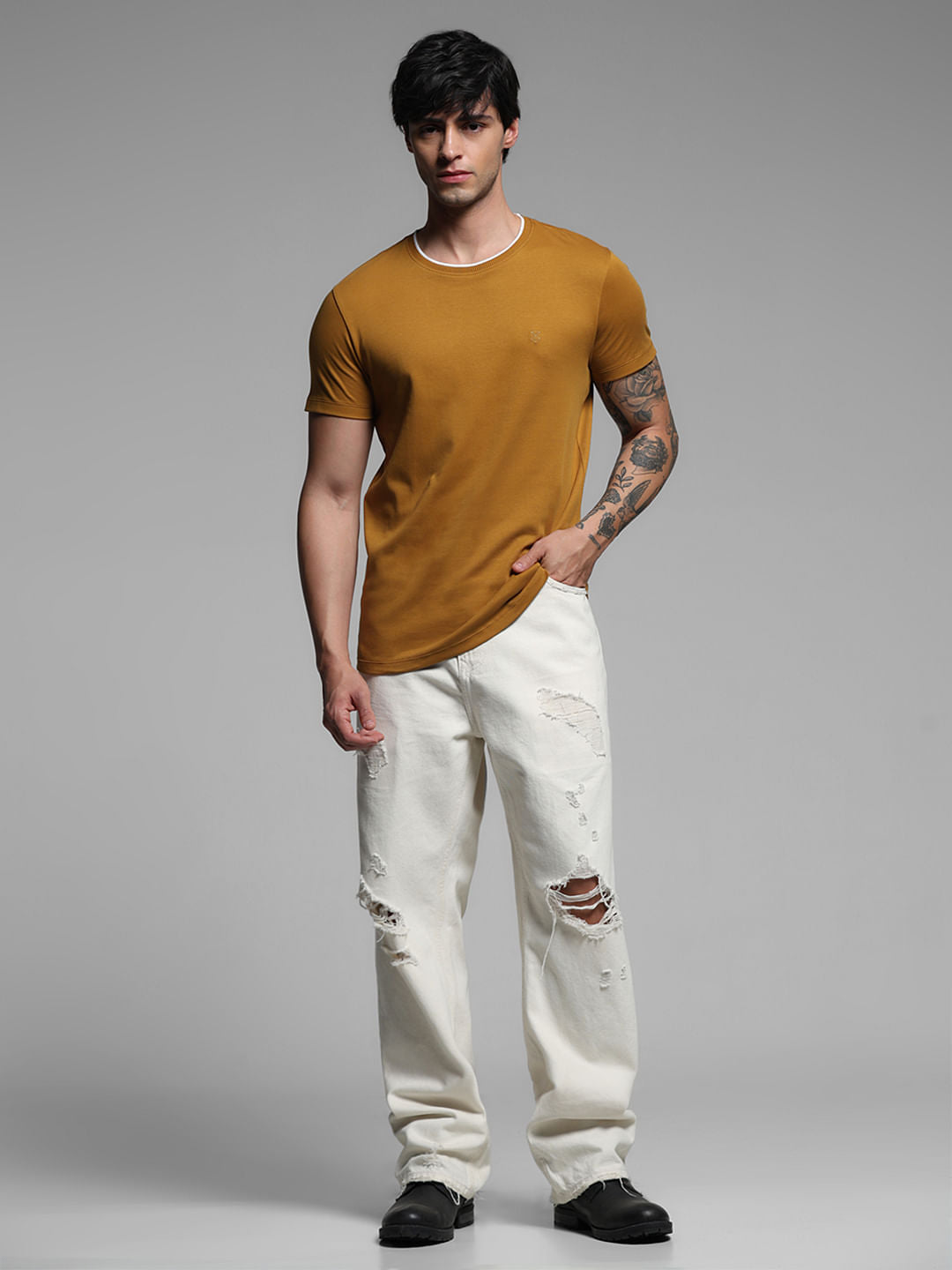 Brown Cotton Crew Neck T-shirt