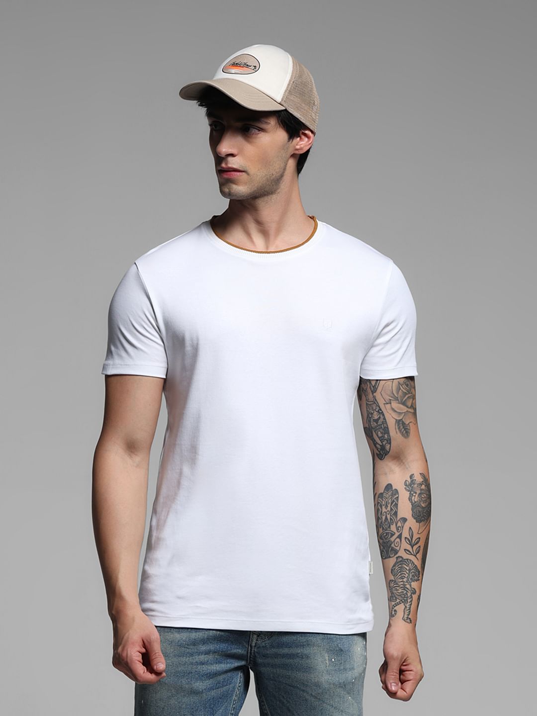 Brown Cotton Crew Neck T-shirt