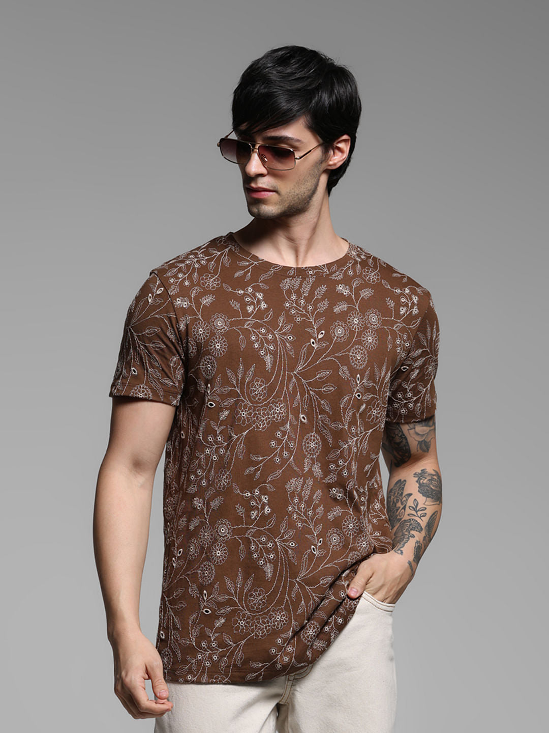 Brown Embroidered Floral Cotton T-shirt