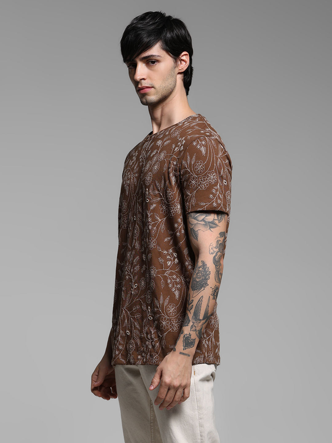 Brown Embroidered Floral Cotton T-shirt