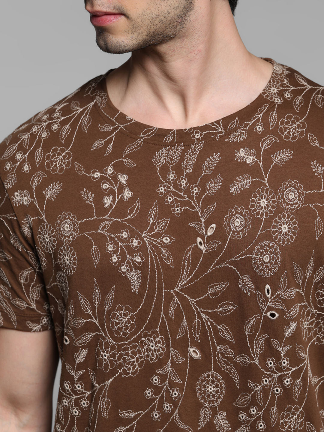 Brown Embroidered Floral Cotton T-shirt