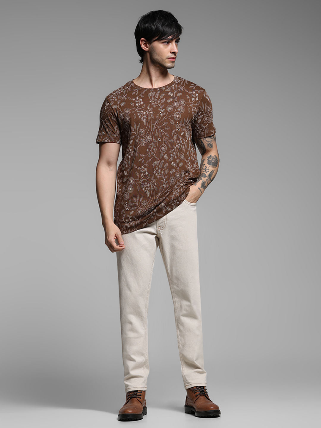 Brown Embroidered Floral Cotton T-shirt