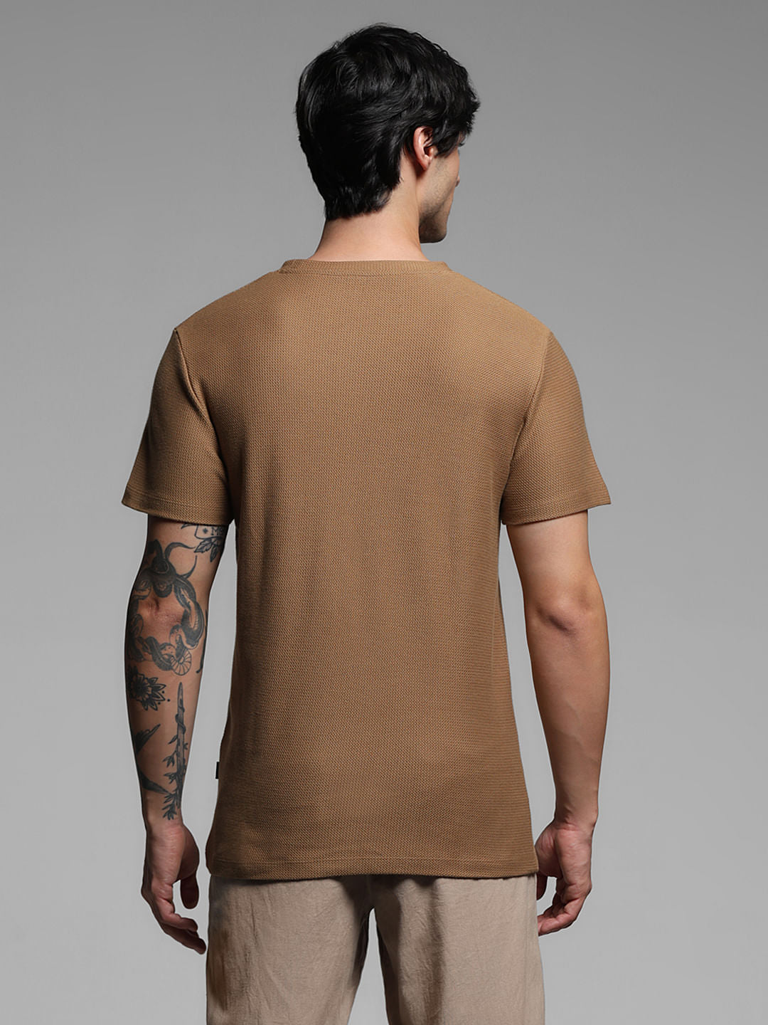 Brown Crochet Pocket Detail T-shirt