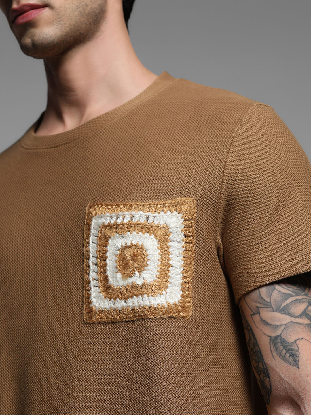 Brown Crochet Pocket Detail T-shirt