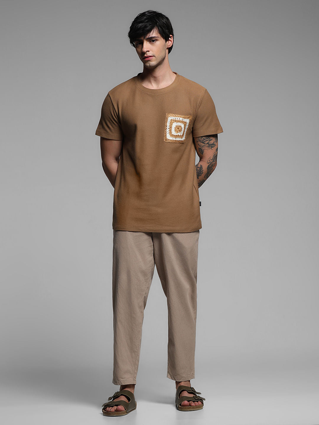 Brown Crochet Pocket Detail T-shirt