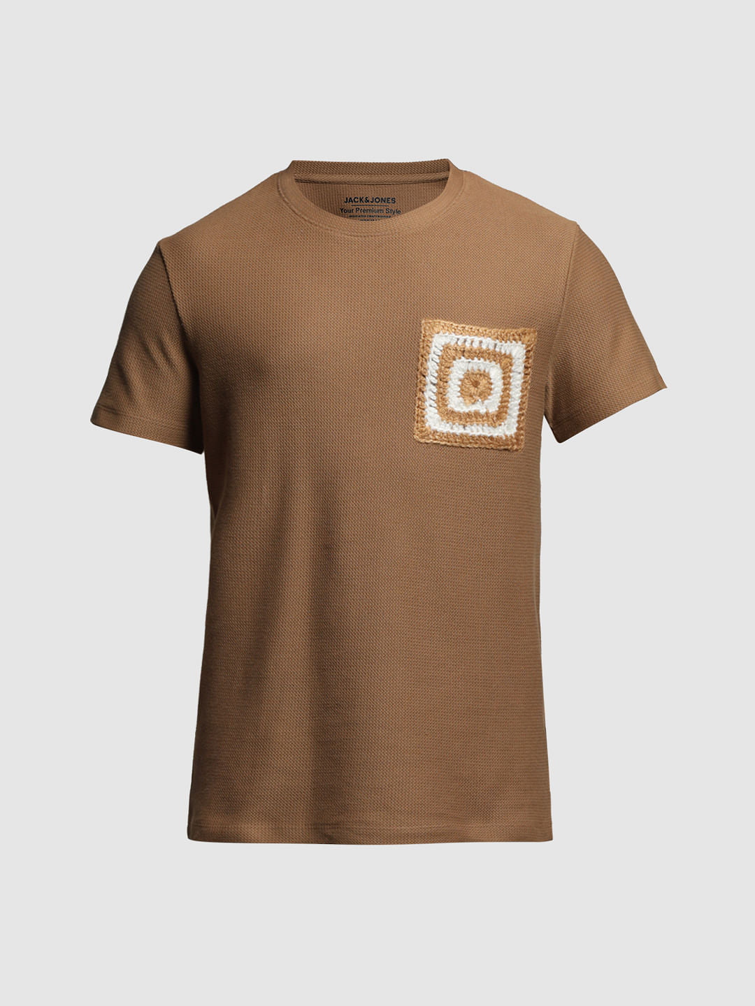 Brown Crochet Pocket Detail T-shirt