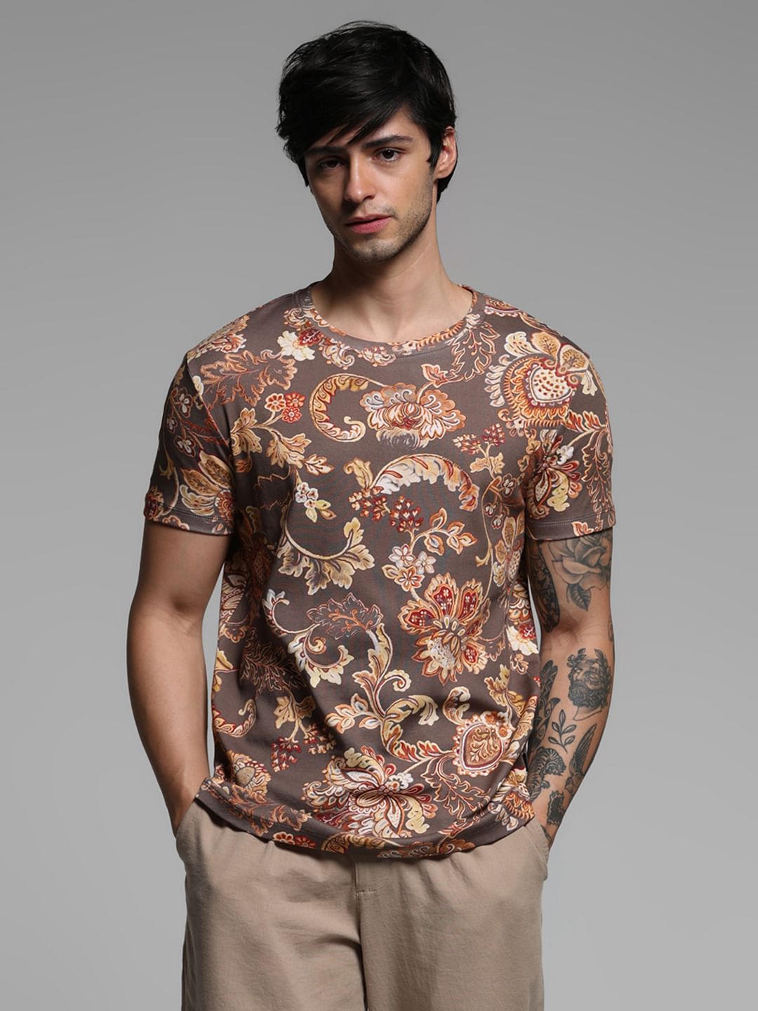 Brown Printed Crew Neck T-shirt