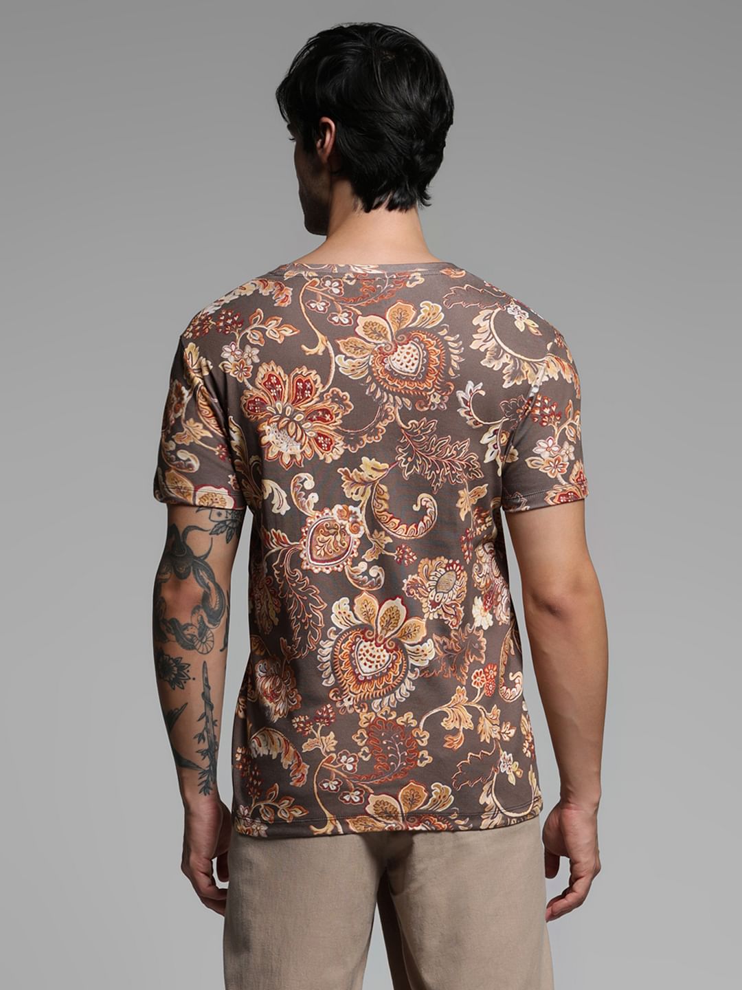 Brown Printed Crew Neck T-shirt